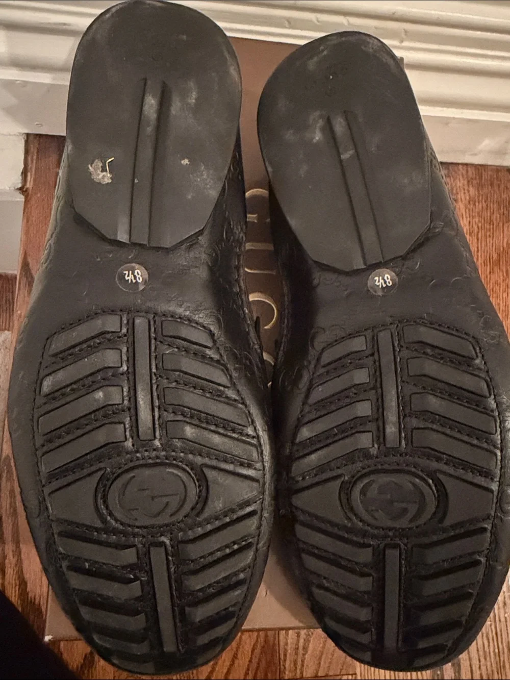 Authentic Gucci Black Embossed GG Leather Penny Loafers size 8 1/2